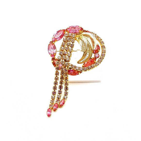 ☆ プリヤンタ☆ Vintage Pink Rhinestone & Gold Tone Brooch Pin with Dangling